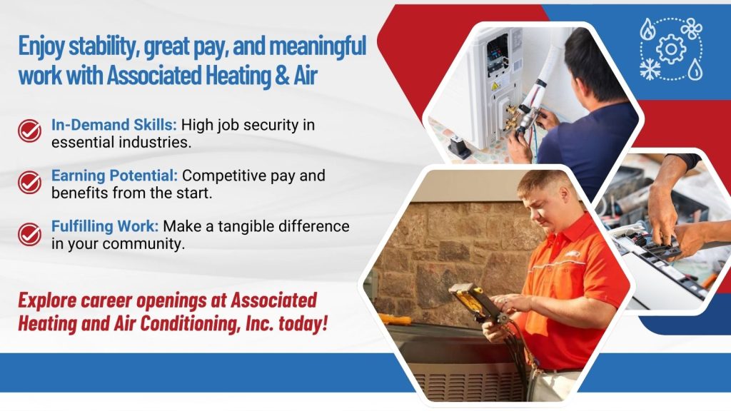 This is an image of three different tradesmen working on HVAC projects. The headline reads enjoy stability. Great pay and meaningful work with associated heating and air.